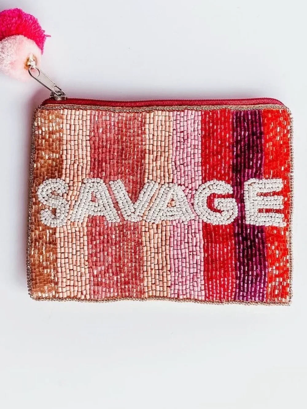 Savage Beaded Stripe Clutch Top Zip Pouch - Rose Gold & Pink  — NWT